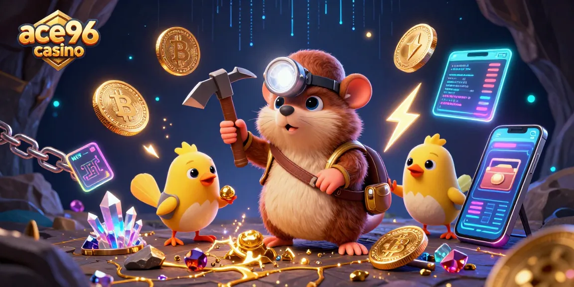 Engage with ace96 casino's thrilling experience featuring treasure hunter characters and crypto elements.