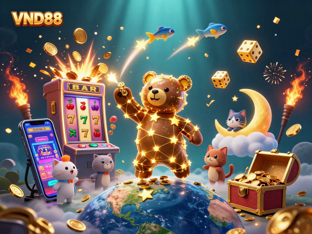 Spin the VND88 slots surrounded by a dazzling jackpot explosion and vibrant gaming elements.