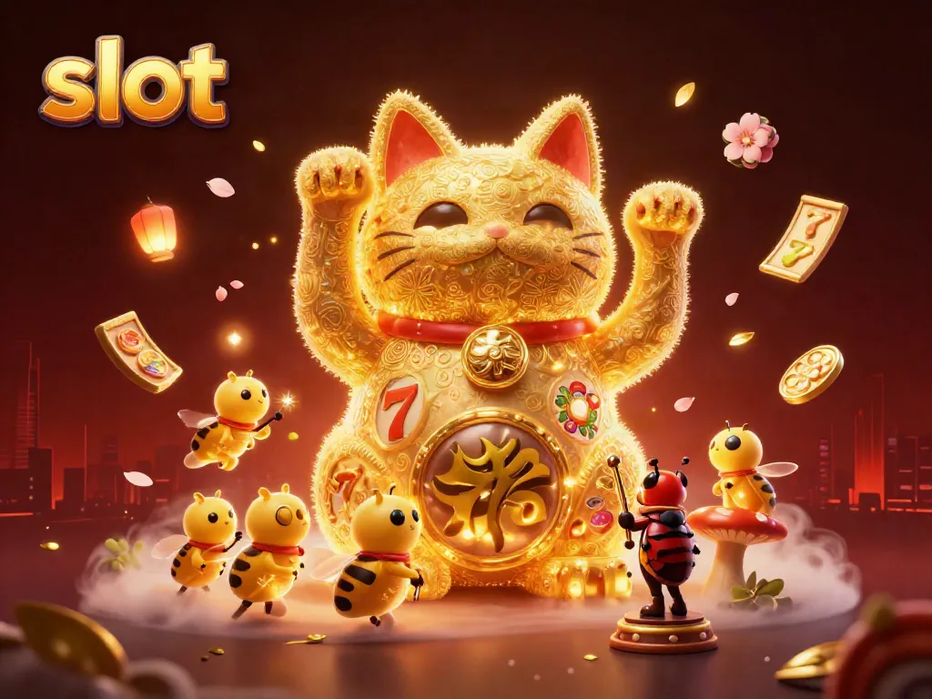 Engaging slot scene with a lucky cat made of golden fireflies, showcasing vibrant casino symbols.