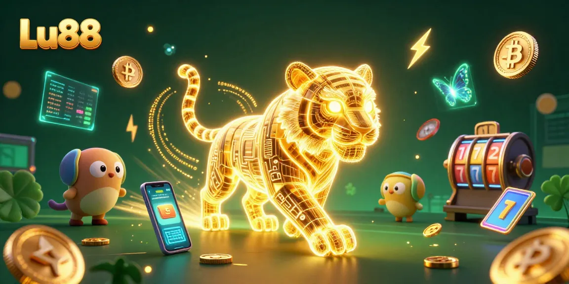Engage with Lu88's dynamic digital casino featuring a golden tiger and crypto elements.