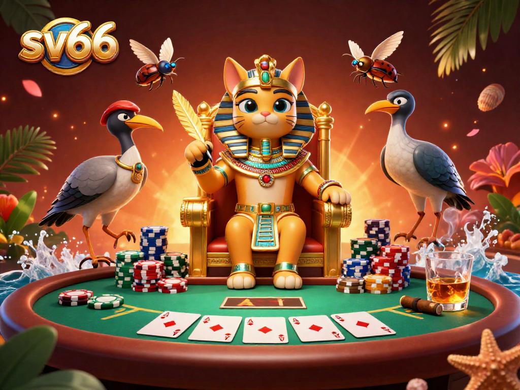 Engage in thrilling poker with sv66's dynamic illustration featuring Egyptian-themed characters and casino elements.
