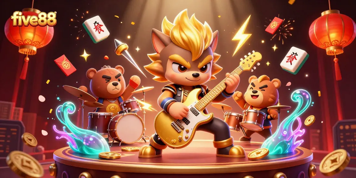 Experience exciting gaming moments with five88, as the rock star wolf and drummer bear thrive on a vibrant casino stage.