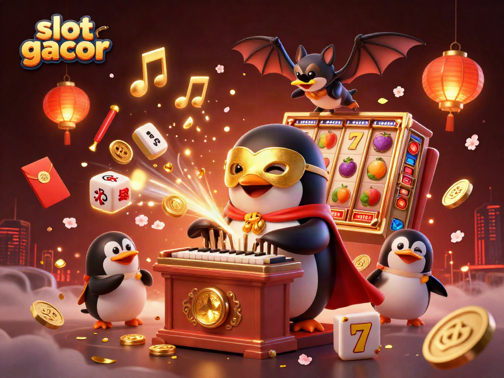 Spark exciting gameplay with slot gacor featuring a penguin playing a golden coins pipe organ amid vibrant casino elements.