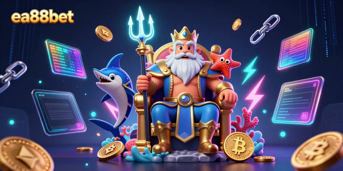 Experience the excitement of ea88bet with a vibrant underwater casino scene featuring Neptune, crypto coins, and dynamic neon effects.