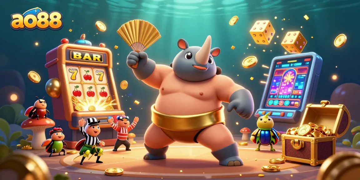 Experience ao88 jackpots with a vibrant scene of cartoon beetles celebrating casino wins.