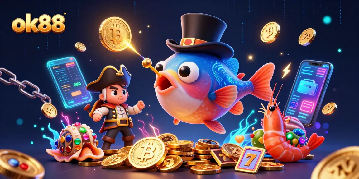 Engage with the thrill at ok88 as a deep-sea anglerfish attracts golden coins among vibrant casino elements.