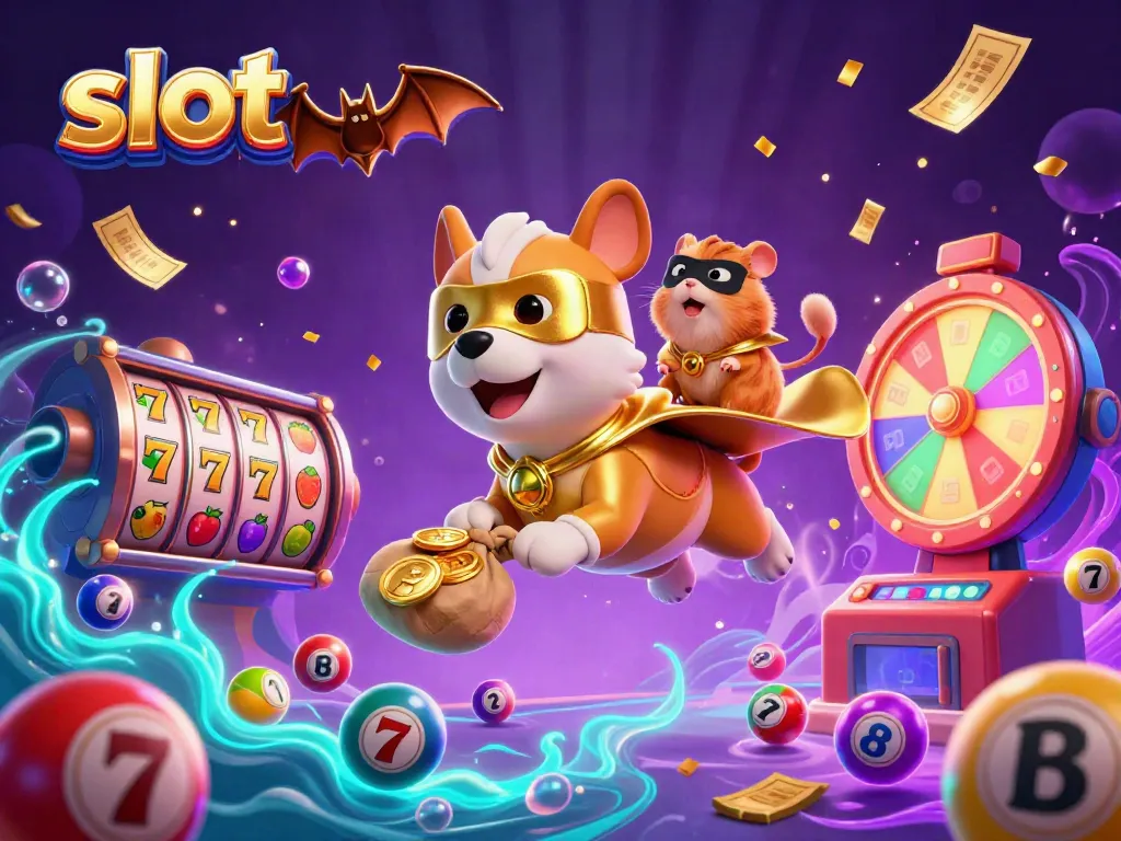 Taruhan slot mengasyikkan dengan anjing pahlawan terbang dan koin emas, elemen permainan berlimpah.