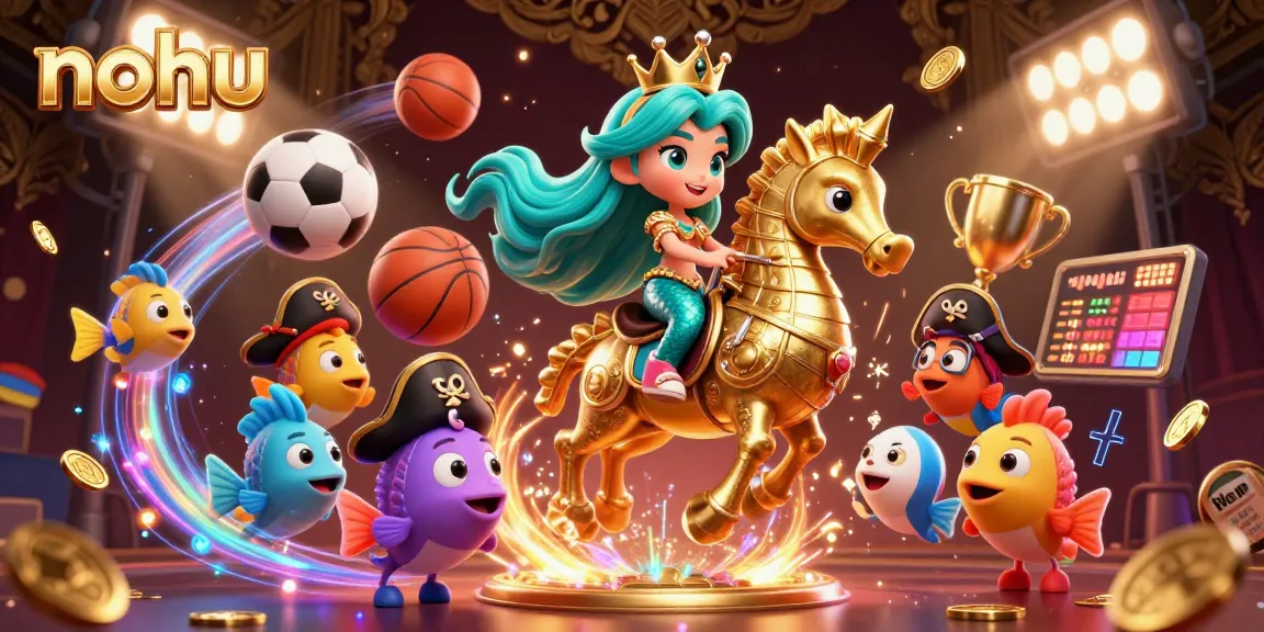 Engage with nohu's vibrant 3D casino illustration featuring sports elements and whimsical characters in action.