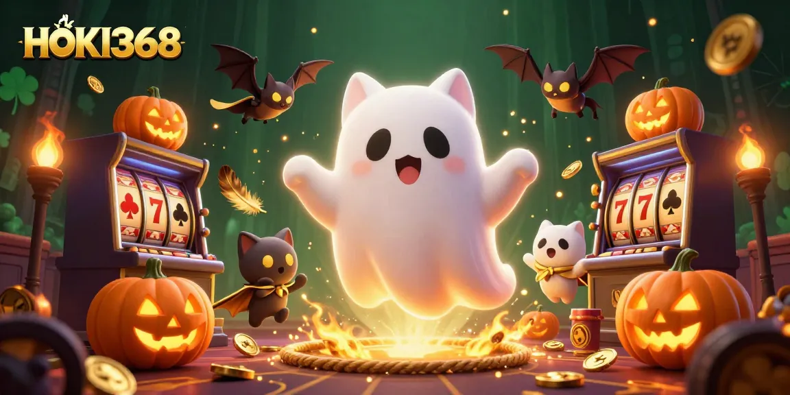 Engage with HOKI368's thrilling gaming scene featuring a ghost cat, vampire bat, and glowing pumpkins amid dynamic casino elements.