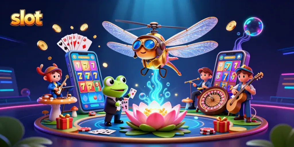 Engage with slot games as a cartoon dragonfly pilot oversees luck on a lily pad casino.