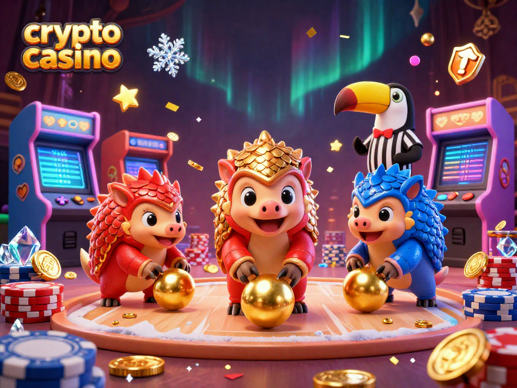 Jouer au crypto casino avec des pangolins rivalisant et des éléments d'arcade colorés.