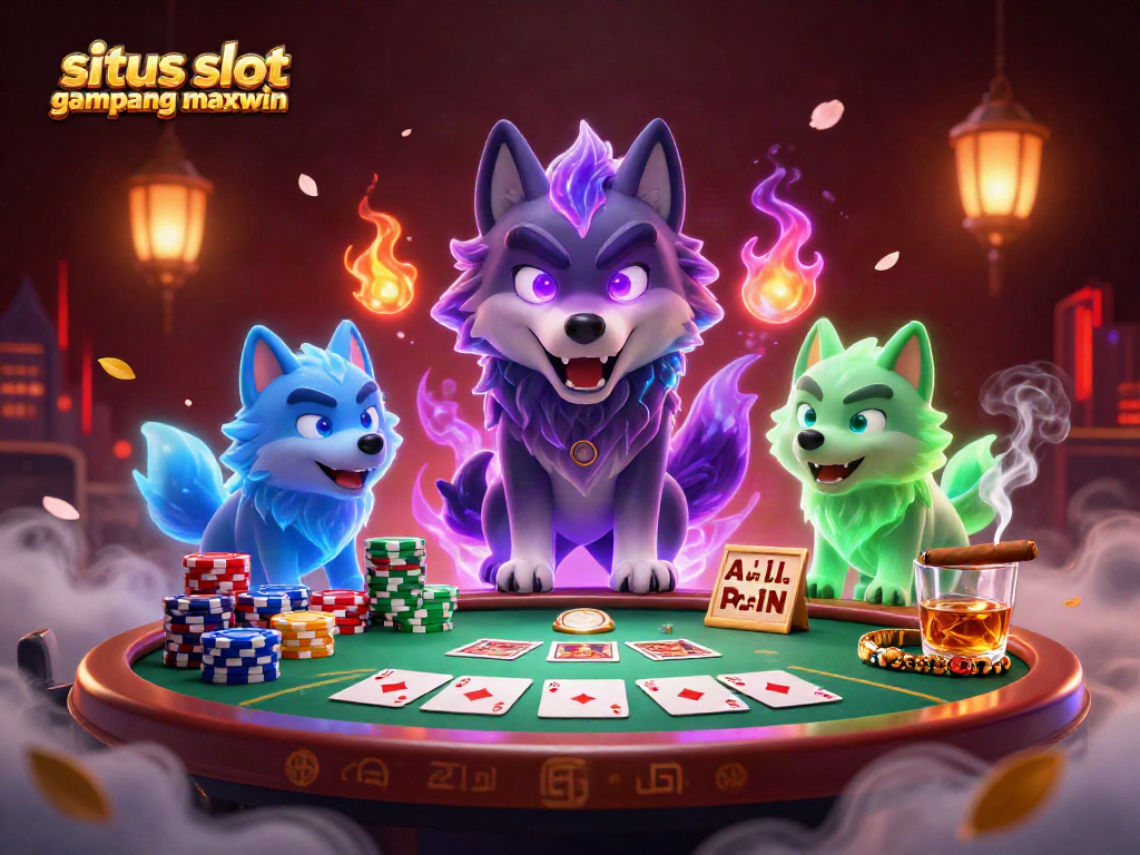 Engage with situs slot gampang maxwin in a vibrant poker scene filled with expressive wolf characters and dynamic casino elements.