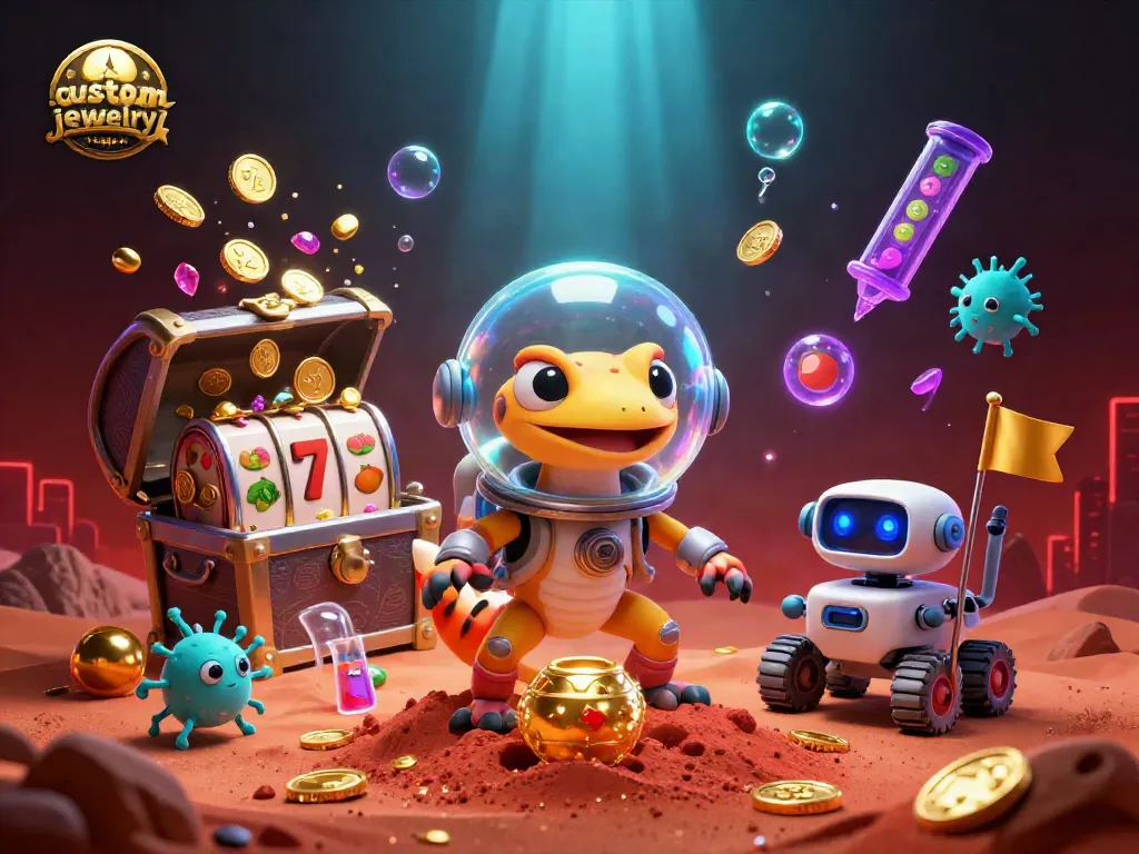 Engage in custom jewelry excitement at a vibrant online casino with colorful slot reels and bubbly characters.
