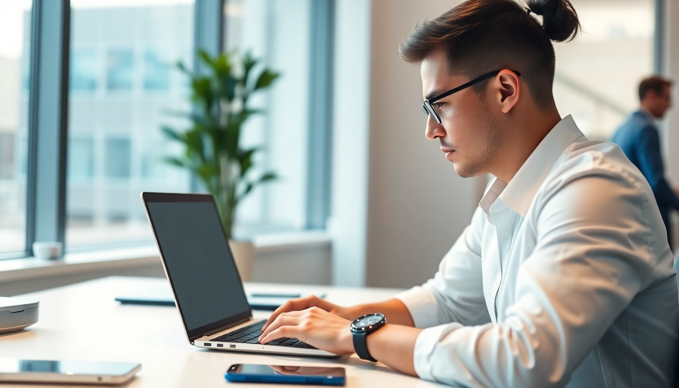 Accessing O2 login business portal with a laptop in a modern office.