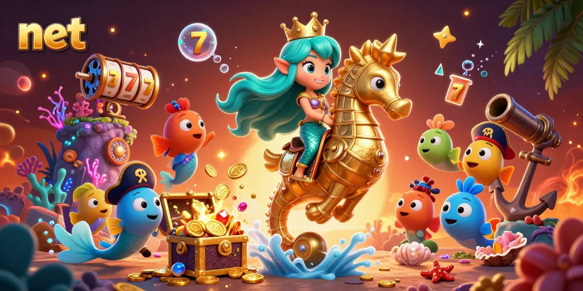 Engage in the vibrant oceanic adventure of Net, featuring a mermaid princess, seahorse, and treasure.