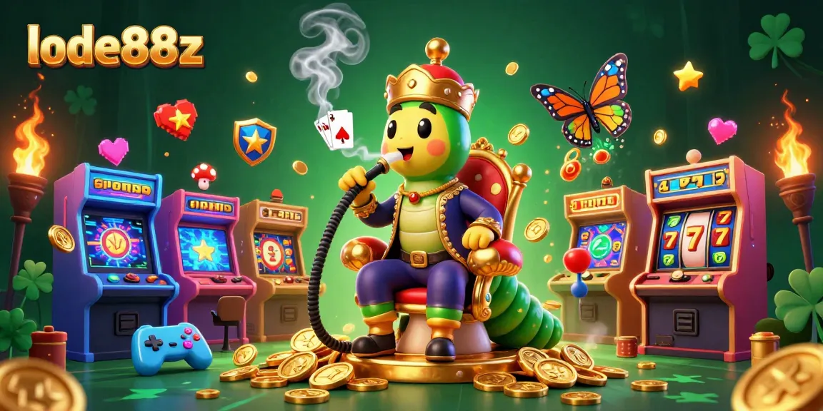Lode88z showcases a vibrant 3D slots scene with a caterpillar sultan and slot elements, enhancing your gaming experience.