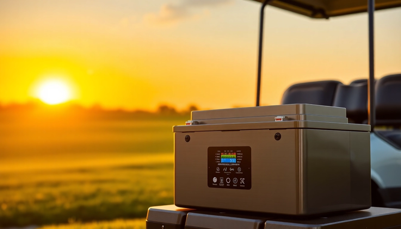 Highlighting lithium golf cart batteries with a sleek design in an idyllic golf setting.