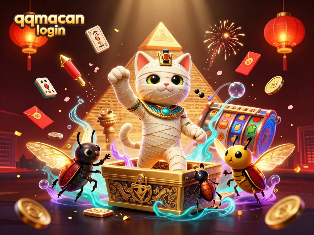 Experience the exciting qqmacan login scene with a mummy cat and scarab in a vibrant casino.