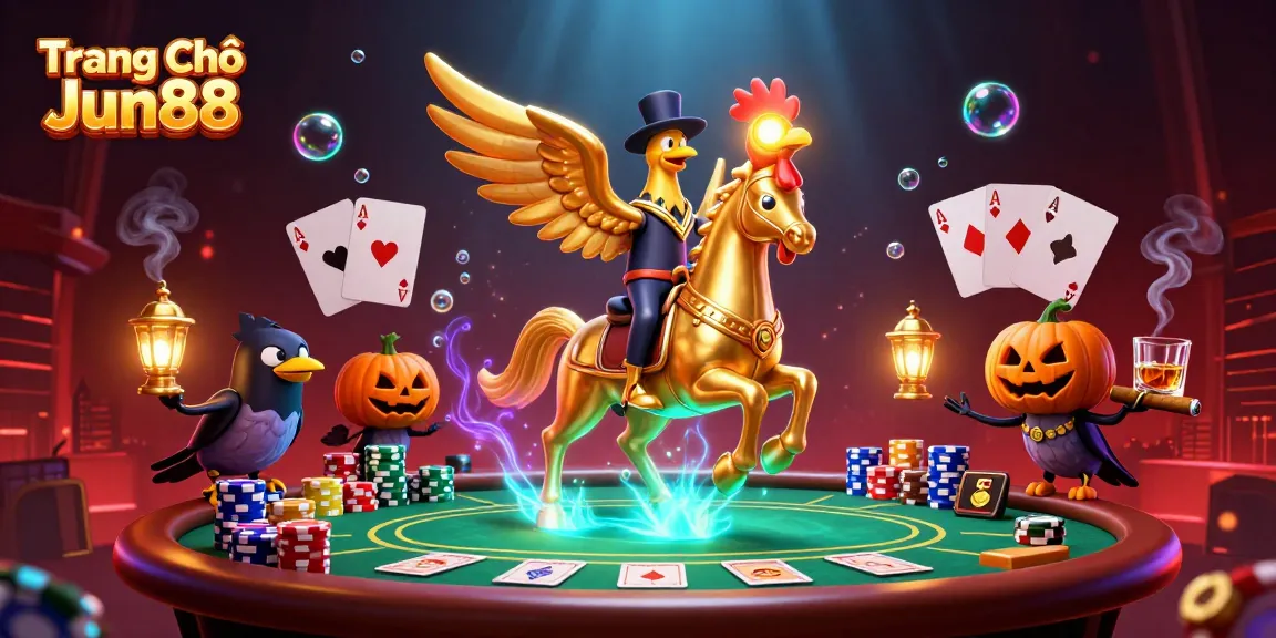 Experience the excitement of Trang Chủ Jun88 with golden rooster and spectral horse at a vibrant casino.