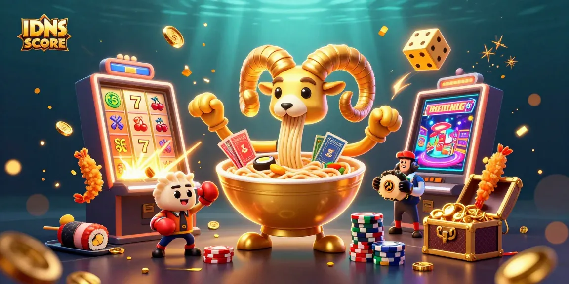 IDNSCORE features a dynamic illustration of a giant ramen bowl character dealing cards in a vibrant casino environment.
