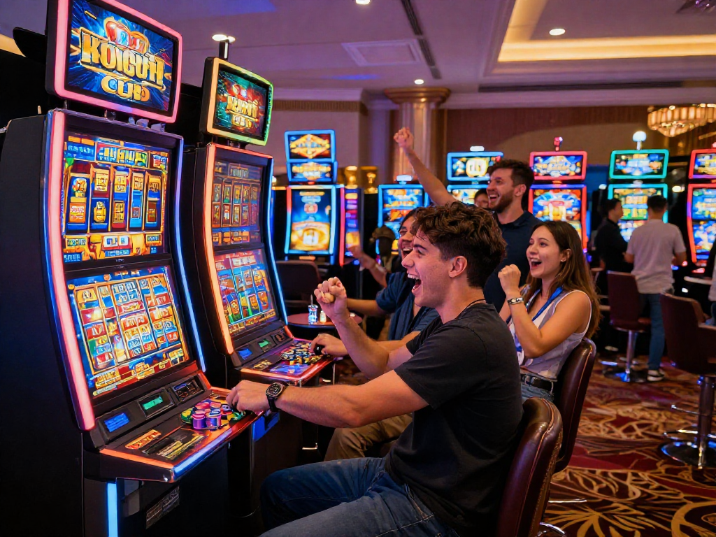 Exciting slot gacor machine in a lively casino atmosphere with friends cheering.