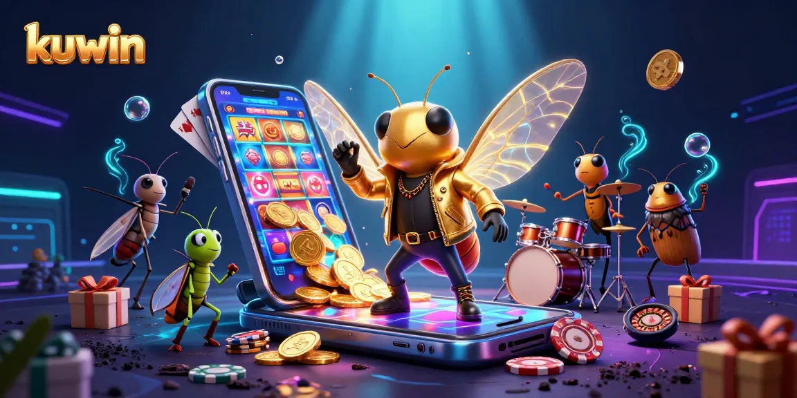 Kuwin promotes excitement as a cicada rock star leads a lively casino scene filled with dynamic gaming elements.