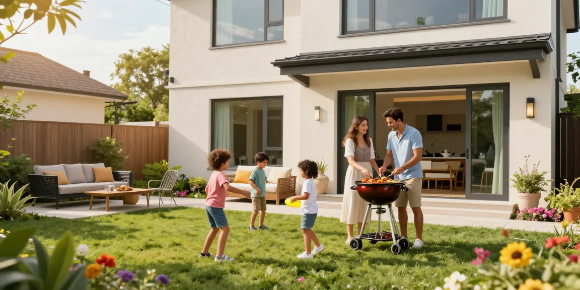Woning-unie dans un jardin de maison moderne, famille profitant d'un barbecue et des jeux.