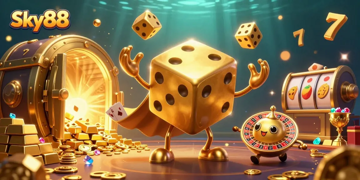 Sky88 casino illustration featuring golden dice, slot reels, and captivating treasures.