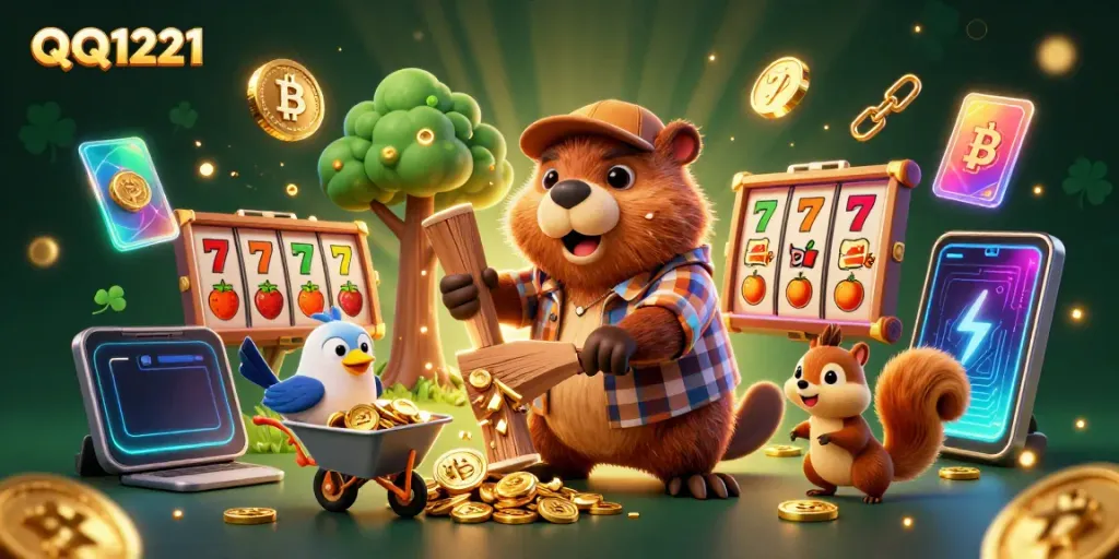 Activate your luck with QQ1221 as a beaver, bird, and squirrel create a vibrant casino scene.