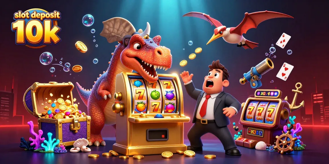 Experience the excitement of slot deposit 10k as a dinosaur wins jackpot coins in a vibrant casino scene.