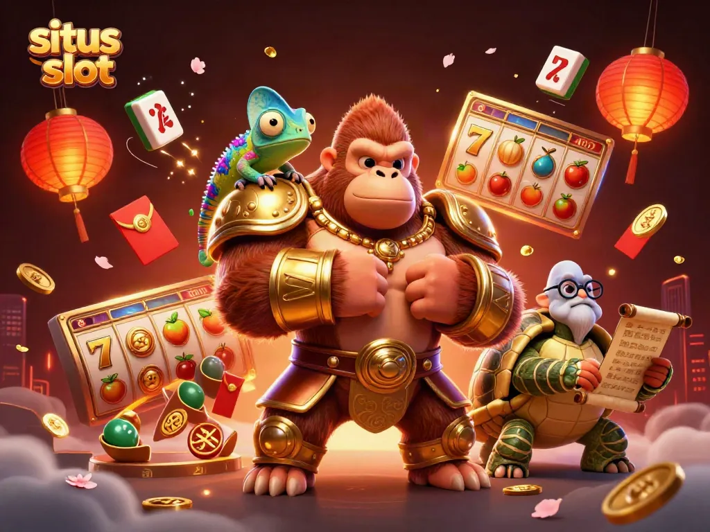 Gorila raja berarmor emas dan chameleon, simbol keberuntungan dalam situs slot, bertema perjudian
