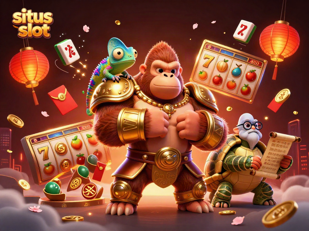Gorila raja berarmor emas dan chameleon, simbol keberuntungan dalam situs slot, bertema perjudian