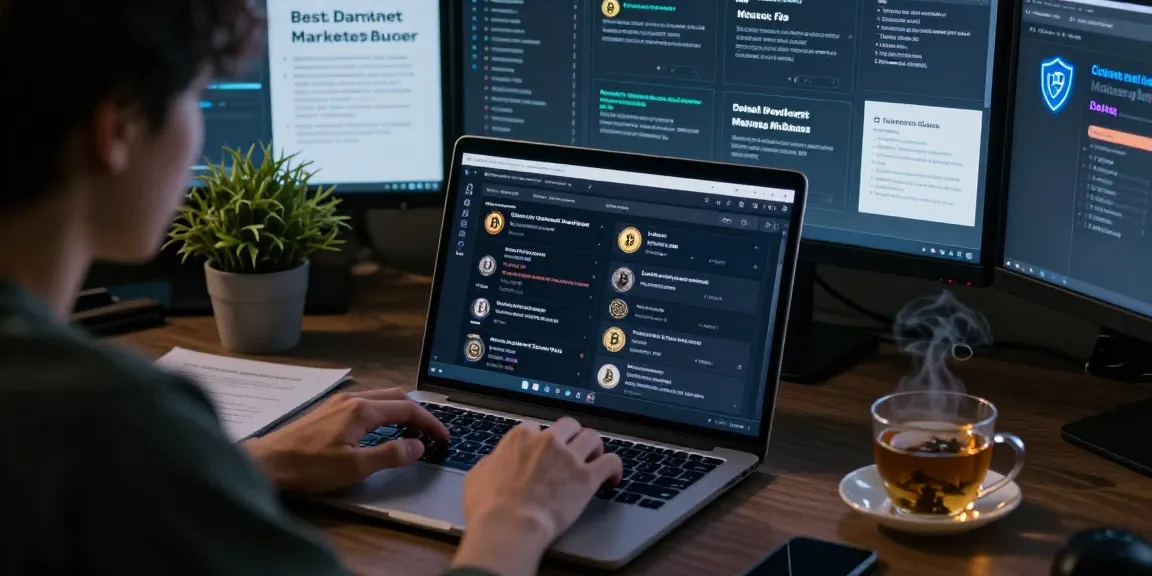 Exploring the Best Darknet Markets 2026 with laptop data, cryptocurrency symbols, and security guides.