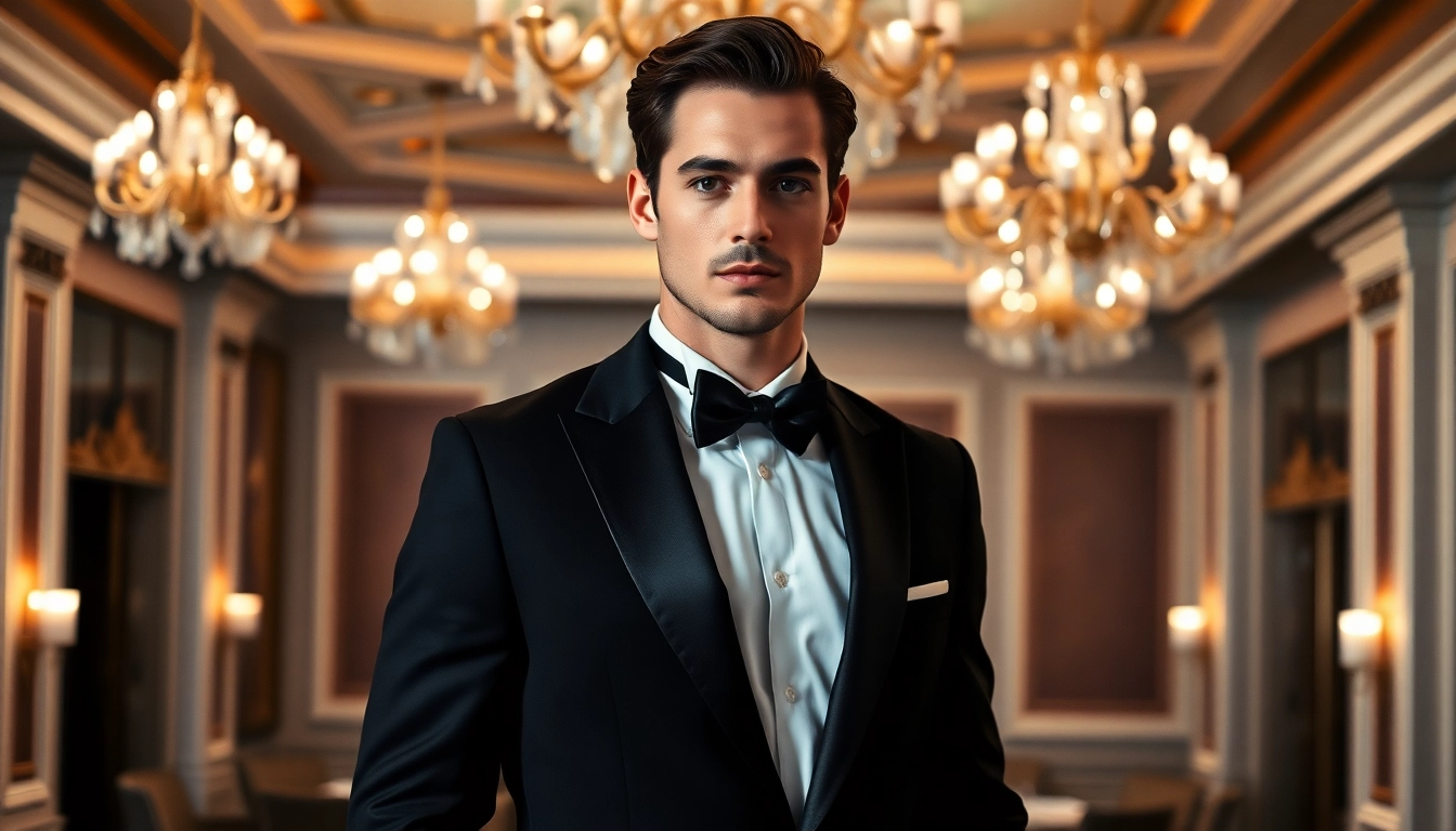 Model showcasing men's black formal attire in a luxurious ballroom setting.