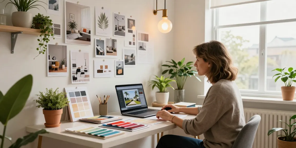 Desain interior modern di Decor Serene, GOKIL33, menampilkan suasana kerja desainer dengan inspirasi dekorasi.