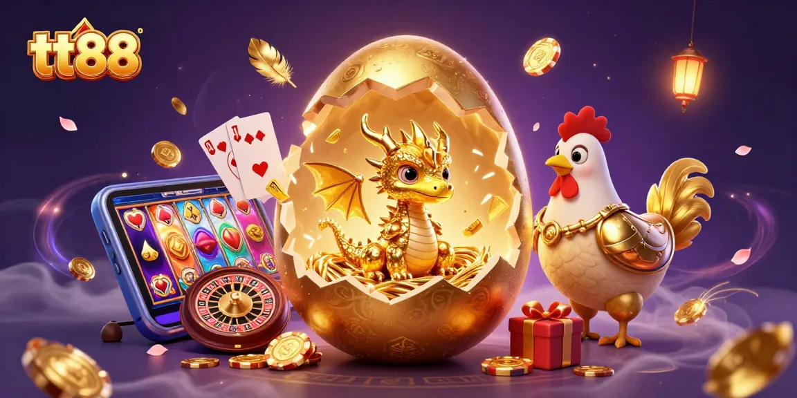 Play exciting games at tt88 with a lively scene of a golden dragon and poker chips.