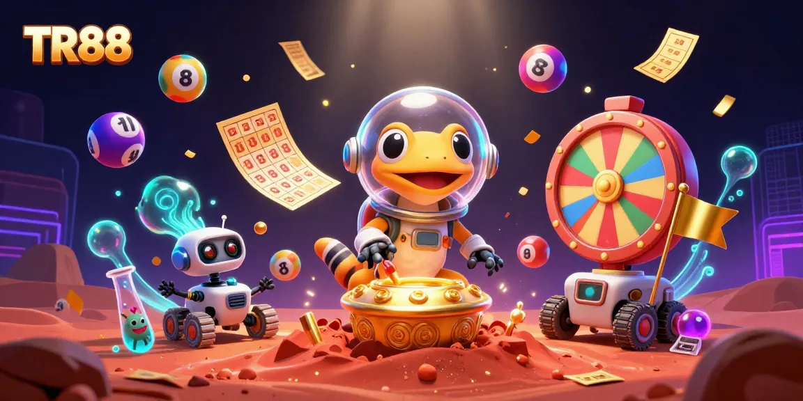 Engage with the exciting world of TR88 while a Martian gecko discovers a golden casino in a vibrant 3D illustration.