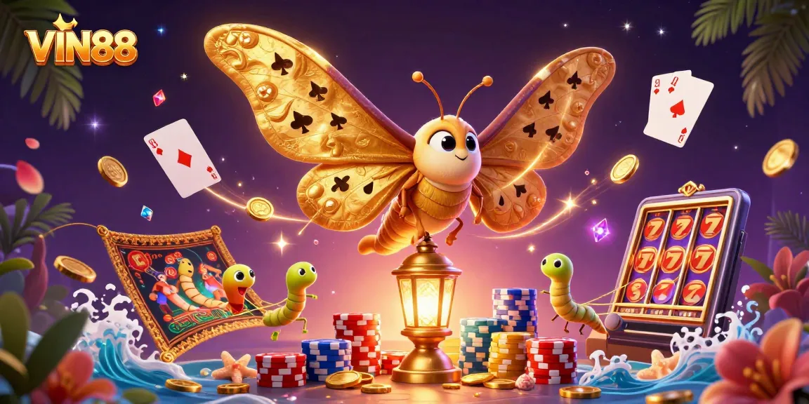 Experience exhilarating gaming at VIN88 with golden coins and royal flush symbols in vibrant casino scene.