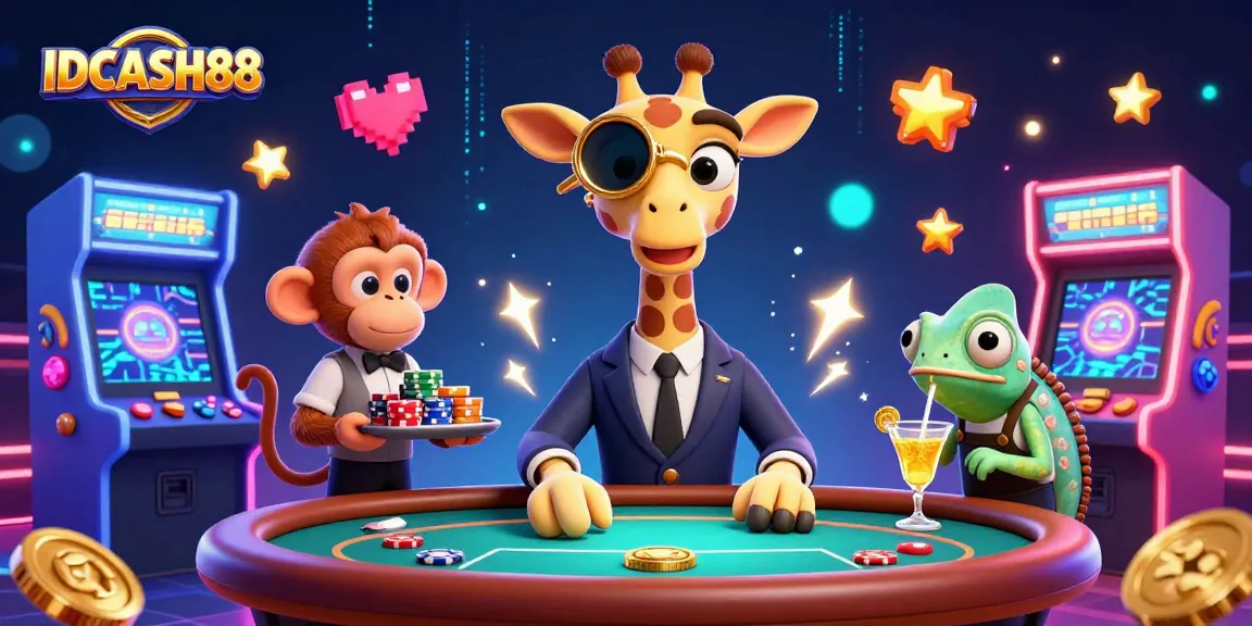 IDCASH88 showcases thrilling gaming action with a giraffe high-roller, monkey valet, and chameleon bartender in a vibrant casino.