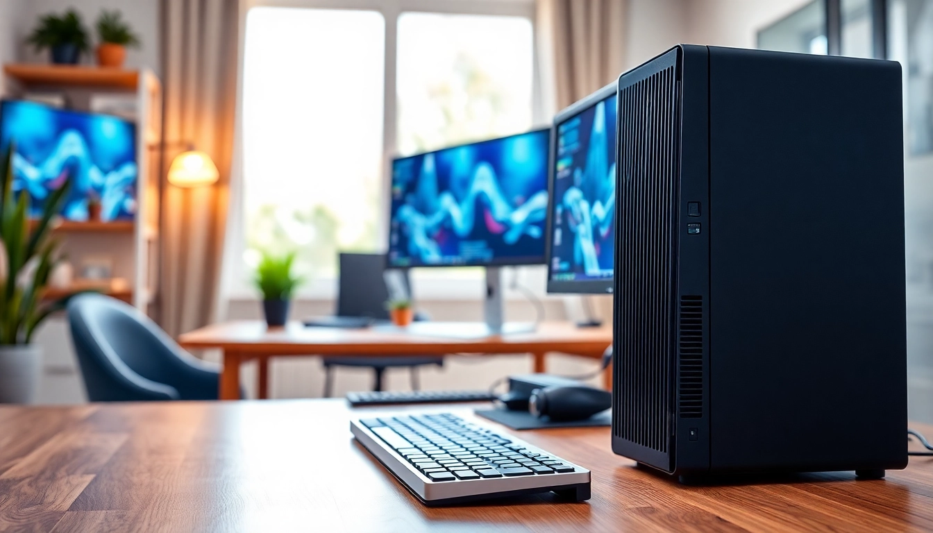 Refurbished pc featuring a sleek design, modern dual monitor setup in a vibrant office.