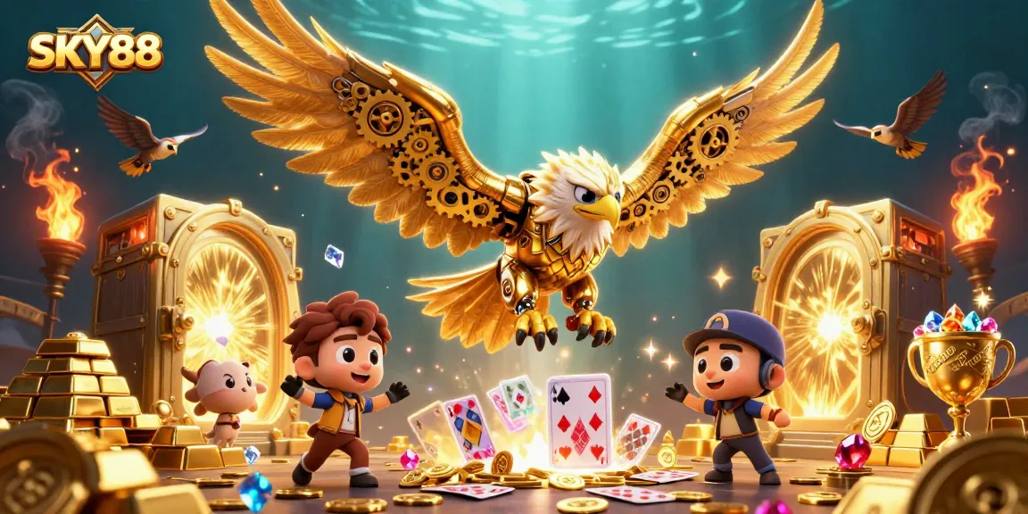 Experience excitement at SKY88 with a golden eagle amidst holographic cards and treasure