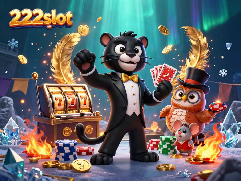 Gambarkan suasana permainan slot yang menyenangkan di 222slot dengan panther berjas tuxedo, burung hantu, dan tikus beruntung.