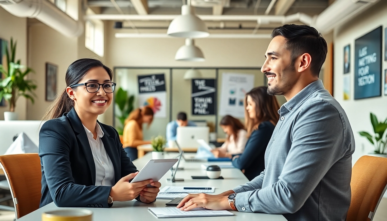 Temp agencies connecting diverse candidates and employers in a dynamic office setting.