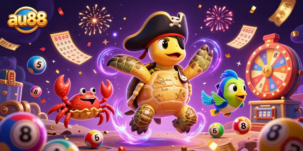 Join the excitement at au88 with a vibrant illustration of a pirate turtle, hermit crab, and parrotfish celebrating wins.
