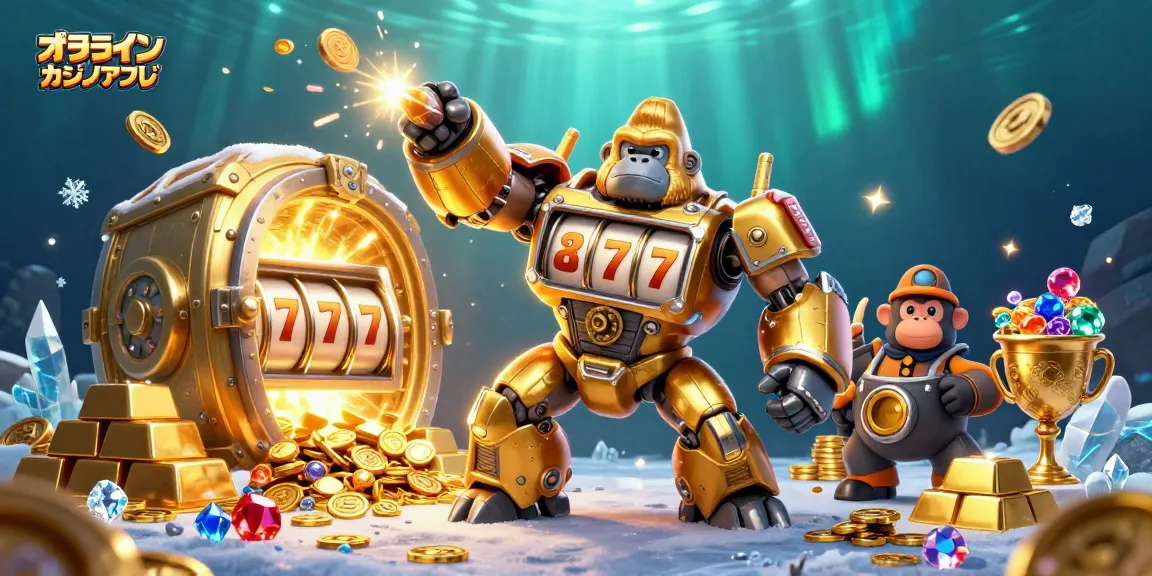 オンラインカジノ アプリでのスロット機能を強化した金色のメカキャラクターのイラスト。
