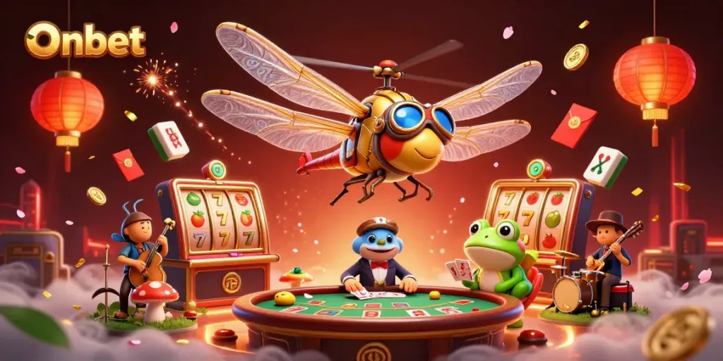 Experience Onbet's vibrant slot machine action in a whimsical casino scene.