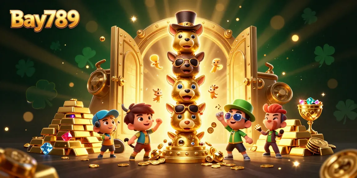 Experience thrilling casino action at Bay789 with a dynamic 3D illustration of a golden totem pole amidst treasures.