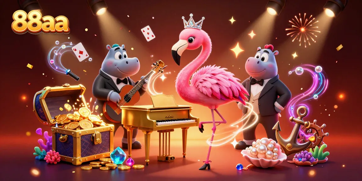 Experience the vibrant casino atmosphere with 88aa featuring a singing flamingo and hippo bassist adding charm to the scene.