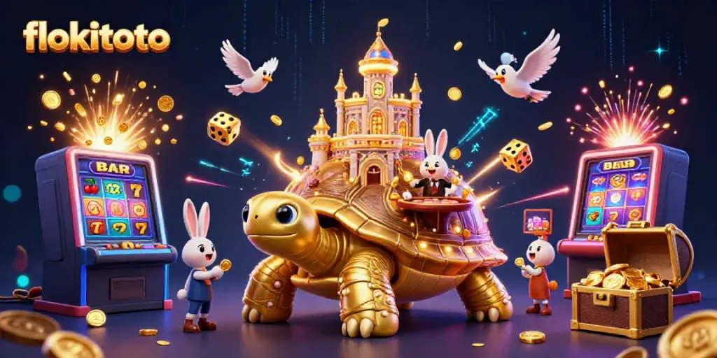 Engage with flokitoto's vibrant casino atmosphere featuring a turtle palace and a rabbit dealer.