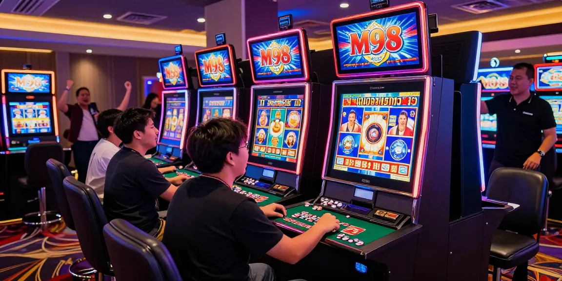 Players celebrating a win on the M98 สล๊อตเว็บตรง slot machine in a lively casino setting.